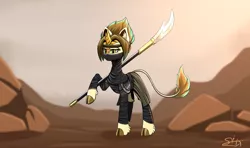 Size: 3250x1920 | Tagged: safe, artist:singovih, derpibooru import, oc, unofficial characters only, kirin, apocalypse, armor, clothes, desert, female, horns, image, kenshi, looking at you, mare, mountain, naginata, png, shinobi, solo, weapon