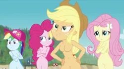 Size: 1024x575 | Tagged: suggestive, artist:jamesawilliams1996, derpibooru import, edit, edited edit, edited screencap, screencap, applejack, fluttershy, pinkie pie, rainbow dash, equestria girls, equestria girls series, forgotten friendship, applejack's hat, barbie doll anatomy, belly button, breast edit, breasts, cap, cowboy hat, crossed arms, featureless breasts, featureless crotch, female, females only, hat, image, inverted mouth, jpeg, nude edit, nudity, practitioner of naturism