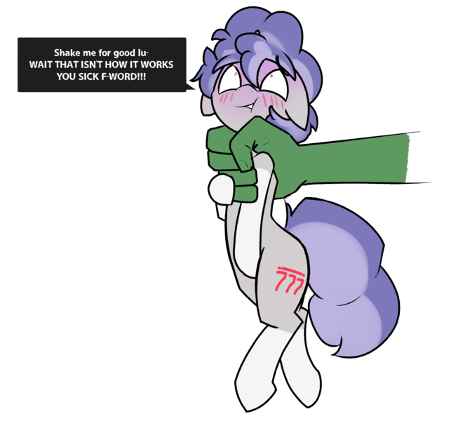 Size: 1467x1307 | Tagged: safe, artist:triplesevens, ponybooru import, oc, oc:anon, oc:triple sevens, unofficial characters only, human, pony, unicorn, choking, dialogue, disembodied hand, hand, horn, image, male, offscreen character, png, simple background, speech bubble, stallion, text, transparent background, two toned mane