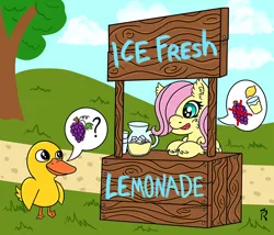 Size: 1920x1646 | Tagged: safe, artist:dawn-designs-art, derpibooru import, fluttershy, bird, duck, pegasus, pony, anniversary, digital art, female, filly, filly fluttershy, food, got any grapes?, grapes, image, jpeg, juice, lemon, lemonade, lemonade stand, simple background, solo, song, song reference, the duck song, younger