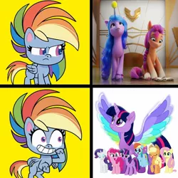 Size: 1300x1300 | Tagged: safe, derpibooru import, applejack, fluttershy, izzy moonbow, pinkie pie, rainbow dash, rarity, sunny starscout, twilight sparkle, twilight sparkle (alicorn), alicorn, g5, my little pony: a new generation, my little pony: pony life, rainbow roadtrip, the best of the worst, spoiler:my little pony: a new adventure, spoiler:pony life s01e02, angry, drama, g4 purist, g5 drama, hotline bling, image, jpeg, meme, movie accurate, rainbow dash is not amused, unamused, wing bling