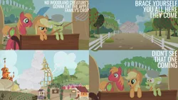 Size: 2000x1125 | Tagged: safe, derpibooru import, edit, edited screencap, editor:quoterific, screencap, applejack, big macintosh, granny smith, earth pony, pony, swarm of the century, applejack's hat, cowboy hat, female, floppy ears, hat, image, male, mare, open mouth, png, shocked, stallion, sweet apple acres, sweet apple acres barn, trio