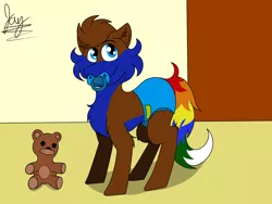 Size: 1600x1200 | Tagged: safe, artist:jay_wackal, derpibooru import, oc, oc:rubik, unofficial characters only, earth pony, pony, age regression, colt, cute, diaper, foal, image, male, original character do not steal, pacifier, png, teddy bear, younger