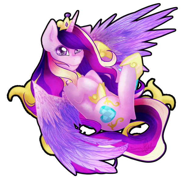 Size: 2114x2130 | Tagged: safe, artist:snowdeer97, derpibooru import, princess cadance, alicorn, pony, crown, eyelashes, female, flowing mane, hoof shoes, horn, image, jewelry, png, purple eyes, regalia, signature, simple background, smiling, solo, transparent background, wings