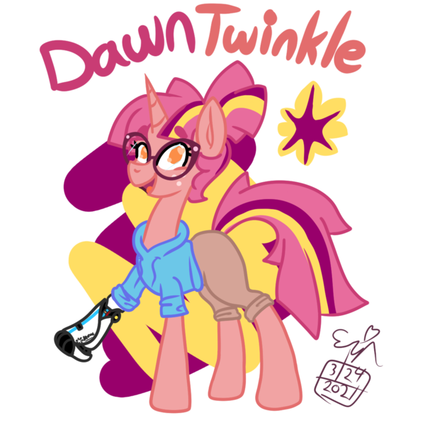 Size: 1106x1106 | Tagged: safe, artist:erenerakhard, derpibooru import, oc, oc:dawn twinkle, unofficial characters only, pony, unicorn, amputee, clothes, digital art, freckles, glasses, heart eyes, hoodie, image, png, prosthetic leg, prosthetic limb, prosthetics, shorts, solo, wingding eyes