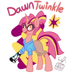 Size: 1106x1106 | Tagged: safe, artist:erenerakhard, derpibooru import, oc, oc:dawn twinkle, unofficial characters only, pony, unicorn, amputee, clothes, digital art, freckles, glasses, heart eyes, hoodie, image, png, prosthetic leg, prosthetic limb, prosthetics, shorts, solo, wingding eyes