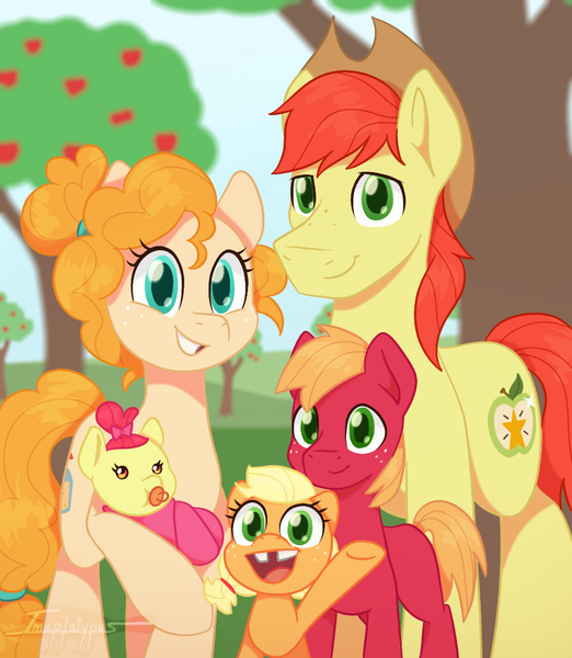 Size: 965x1109 | Tagged: safe, artist:imaplatypus, derpibooru import, apple bloom, applejack, big macintosh, bright mac, granny smith, pear butter, earth pony, pony, apple, apple family, apple tree, baby, baby apple bloom, colt, female, filly, foal, food, gap teeth, image, male, pacifier, png, tree, young, younger