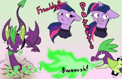 Size: 2331x1501 | Tagged: safe, artist:northernlightsone, derpibooru import, spike, twilight sparkle, dragon, pony, unicorn, alternate universe, armor, broken horn, collar, duo, eye scar, female, fire, grin, horn, image, male, mare, older, older spike, open mouth, png, scar, shipping, smiling, spiked collar, straight, teenage spike, teenager, twispike, unicorn twilight, winged spike