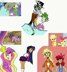 Size: 2472x2662 | Tagged: safe, artist:citi, derpibooru import, screencap, apple bloom, applejack, discord, princess cadance, spike, twilight sparkle, human, a canterlot wedding, apple family reunion, make new friends but keep discord, humanized, image, jpeg, messy mane, out of context, scene interpretation, screencap reference