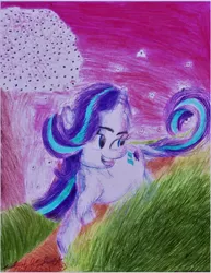 Size: 3400x4400 | Tagged: safe, artist:lincolnbrewsterfan, derpibooru import, starlight glimmer, classical unicorn, pony, unicorn, beautiful, blossoms, cloven hooves, derpibooru exclusive, detailed, female, field, fur, gradient background, grass, grass field, hair, image, jpeg, leonine tail, looking back, lovely, magenta, mane, mare, nc-tv, nc-tv signature, path, pink, pink sky, pretty, realistic, realistic mane, running, signature, smiling, spring, starlight's cutie mark, sunrise, tail, traditional art, trail, tree, unshorn fetlocks, wallpaper, wind, windswept hair, windswept mane, windswept tail