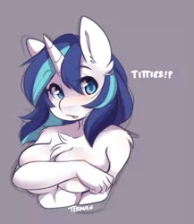 Size: 447x516 | Tagged: suggestive, artist:teranen, derpibooru import, shining armor, anthro, unicorn, :o, blushing, breasts, bust, chest fluff, colored pupils, covering breasts, ear fluff, female, gasp, gleaming shield, gray background, image, looking at you, open mouth, png, rule 63, shoulder fluff, simple background, sketch, solo, solo female, surprised, text, wavy mouth, wide eyes