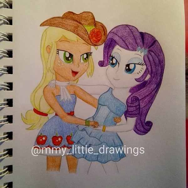 Size: 1080x1080 | Tagged: safe, artist:mmy_little_drawings, derpibooru import, applejack, rarity, equestria girls, equestria girls (movie), clothes, dress, eyelashes, female, hat, image, jpeg, lesbian, open mouth, rarijack, shipping, smiling, traditional art, watermark