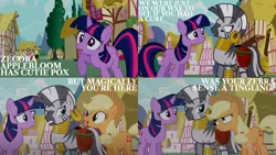 Size: 2000x1125 | Tagged: safe, derpibooru import, edit, edited screencap, editor:quoterific, screencap, applejack, twilight sparkle, zecora, earth pony, pony, unicorn, zebra, the cutie pox, applejack's hat, cowboy hat, duo, duo female, female, hat, image, mare, open mouth, png, ponyville, suspicious, teeth, trio, trio female, unicorn twilight