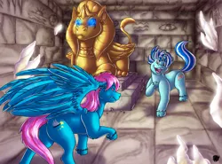 Size: 3454x2550 | Tagged: safe, artist:valyce-negative, derpibooru import, oc, oc:azure feather, oc:summer scribe, golem, pegasus, sphinx, unicorn, fanfic:expedition to cloudbreak islands, ceramic, crystal, glowing eyes, gold, horn, image, pegasus oc, png, pyramid, spread wings, statue, underground, unicorn oc, wings