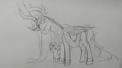 Size: 2048x1152 | Tagged: safe, artist:nekoleelee, derpibooru import, ponified, alicorn, pegasus, pony, colt, cookie run, crossover, eyes closed, image, jpeg, male, millennial tree cookie, monochrome, open mouth, simple background, sketch, traditional art, white background, wind archer cookie