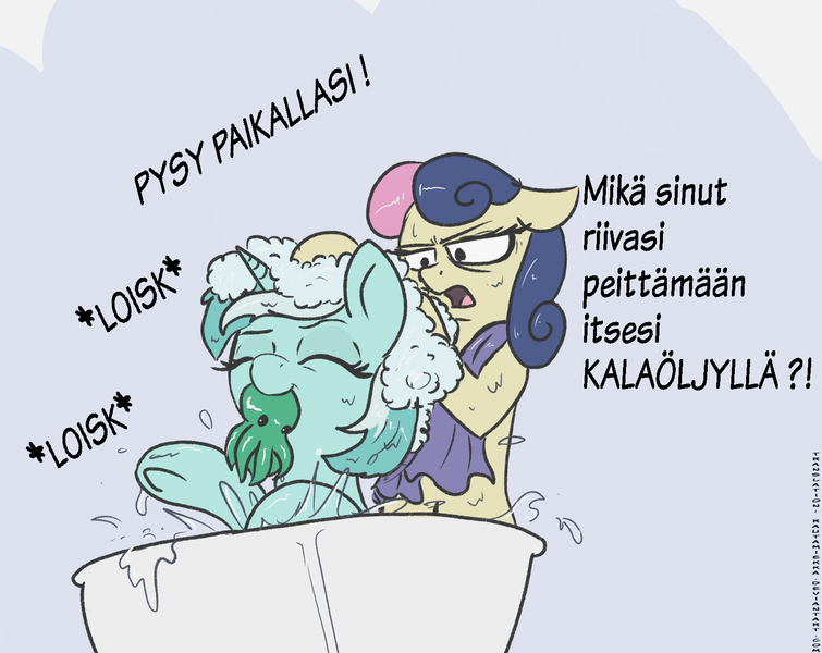 Size: 1535x1220 | Tagged: safe, artist:t72b, derpibooru import, editor:rautamiekka, bon bon, lyra heartstrings, sweetie drops, earth pony, octopus, pony, unicorn, assisted bathing, bath, bathing, bon bon is not amused, cthulyra, cute, eyes closed, finnish, hoofy-kicks, image, l.u.l.s., lyrabetes, mouth hold, png, splashing, text, towel, toy, translation, translator:rautamiekka, unamused, underhoof