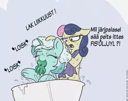 Size: 1535x1220 | Tagged: safe, artist:t72b, derpibooru import, editor:rautamiekka, bon bon, lyra heartstrings, sweetie drops, earth pony, octopus, pony, unicorn, assisted bathing, bath, bathing, bon bon is not amused, cthulyra, cute, eyes closed, finnish, finnish dialect text, finnish dialect translation, hoofy-kicks, image, l.u.l.s., lyrabetes, mouth hold, png, r-murre, splashing, text, towel, toy, translation, translator:rautamiekka, unamused, underhoof