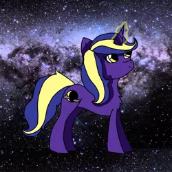 Size: 1080x1080 | Tagged: safe, artist:checkered_egg, derpibooru import, oc, unofficial characters only, pony, unicorn, chest fluff, glowing horn, horn, image, jpeg, magic, smiling, solo, space, stars, telekinesis, unicorn oc