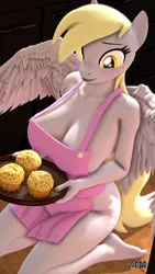 Size: 1080x1920 | Tagged: suggestive, artist:anthroponiessfm, derpibooru import, derpy hooves, anthro, pegasus, 3d, adorasexy, apron, big breasts, blushing, breasts, busty derpy hooves, cleavage, clothes, cute, female, food, image, muffin, partial nudity, png, sexy, solo, solo female, source filmmaker