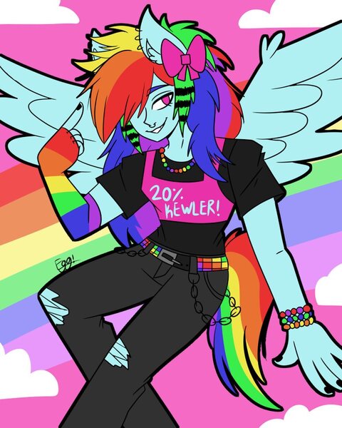 Size: 1000x1250 | Tagged: safe, artist:checkered_egg, derpibooru import, rainbow dash, anthro, pegasus, 20% cooler, arm warmers, bracelet, chains, clothes, cloud, female, hair over one eye, image, jewelry, jpeg, nail polish, necklace, pants, rainbow, shirt, signature, sitting, smiling, solo, torn clothes, t-shirt, wings