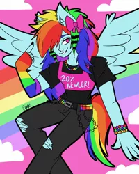 Size: 1000x1250 | Tagged: safe, artist:checkered_egg, derpibooru import, rainbow dash, anthro, pegasus, 20% cooler, arm warmers, bracelet, chains, clothes, cloud, female, hair over one eye, image, jewelry, jpeg, nail polish, necklace, pants, rainbow, shirt, signature, sitting, smiling, solo, torn clothes, t-shirt, wings