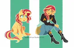 Size: 1280x828 | Tagged: safe, artist:thebirdfromthemoon, derpibooru import, sunset shimmer, pony, unicorn, equestria girls, :p, blushing, clothes, cute, female, human ponidox, image, jacket, jeans, jpeg, mare, pants, self ponidox, shimmerbetes, sitting, smiling, tongue out