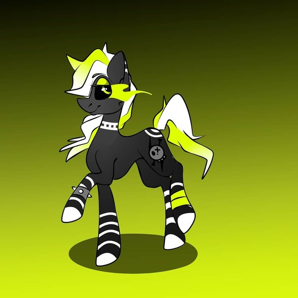 Size: 1080x1080 | Tagged: safe, artist:tessa_key_, derpibooru import, oc, unofficial characters only, earth pony, pony, black sclera, choker, colored hooves, earth pony oc, eyelashes, gradient background, image, jpeg, raised hoof, smiling, solo, sombra eyes, spiked choker