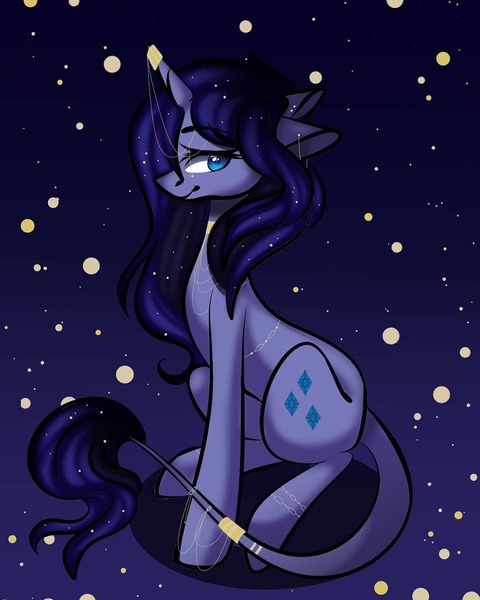 Size: 1080x1350 | Tagged: safe, artist:tessa_key_, derpibooru import, oc, unofficial characters only, pony, unicorn, eyelashes, gradient background, horn, horn jewelry, horn ring, image, jewelry, jpeg, leonine tail, ring, sitting, solo, stars, unicorn oc