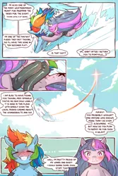 Size: 960x1440 | Tagged: safe, artist:cold-blooded-twilight, derpibooru import, rainbow dash, twilight sparkle, pegasus, pony, unicorn, cold blooded twilight, comic:cold storm, blushing, clothes, cloud, comic, dialogue, eyes closed, female, flying, grin, image, leggings, lesbian, looking at each other, png, rainbow trail, shipping, smiling, speech bubble, speed lines, spread wings, twidash, unicorn twilight, wings