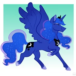 Size: 500x500 | Tagged: safe, artist:mod sunset, artist:picturesofponies, derpibooru import, princess luna, alicorn, pony, dancing, ethereal mane, eyes closed, female, gradient background, happy, image, mare, png, smiling, solo, starry mane, wings