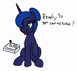 Size: 1069x987 | Tagged: safe, artist:trash anon, princess luna, alicorn, pony, dialogue, female, hair over one eye, horn, image, jpeg, mare, open mouth, raised hoof, simple background, sitting, solo, vulgar, white background, wingless