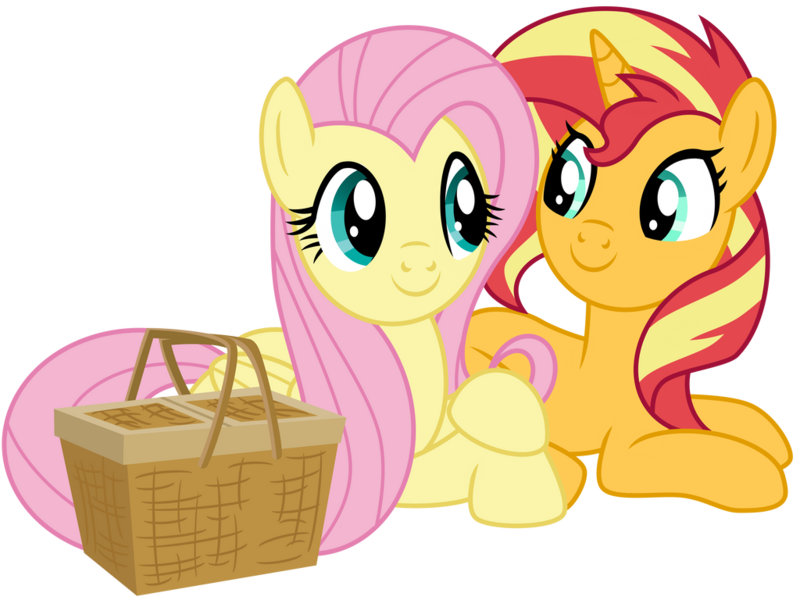 Size: 1024x768 | Tagged: safe, artist:emeraldblast63, derpibooru import, fluttershy, sunset shimmer, cute, duo, friends, image, picnic, png, shimmerbetes, shyabetes