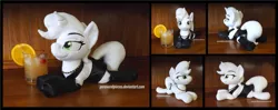 Size: 4440x1754 | Tagged: safe, artist:peruserofpieces, derpibooru import, orange slice, oc, oc:petina, pony, unicorn, alcohol, beanie (plushie), boots, cherry, clothes, dress, female, food, image, irl, jewelry, little black dress, looking at you, lying down, mare, necklace, photo, plushie, png, prone, shoes, smiling, smiling at you, solo, sploot, whiskey