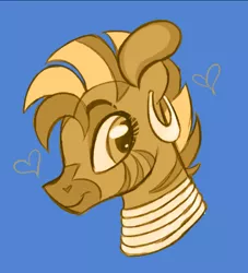 Size: 540x594 | Tagged: safe, artist:woollily, derpibooru import, zecora, zebra, alternate color palette, blue background, bust, ear piercing, earring, female, heart, image, jewelry, mare, neck rings, piercing, png, quadrupedal, simple background, smiling, solo