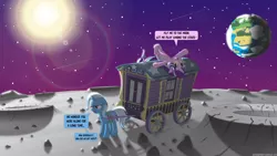 Size: 3840x2160 | Tagged: safe, artist:le-23, derpibooru import, pinkie pie, starlight glimmer, trixie, pony, unicorn, complex background, earth, female, high res, image, mare, moon, on the moon, png, speech bubble, stars, sun, trixie's wagon