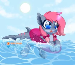 Size: 1050x911 | Tagged: safe, artist:sickly-sour, derpibooru import, oc, unofficial characters only, original species, pony, shark, shark pony, bow, female, hair bow, image, jpeg, mare, solo, sun, water, wave