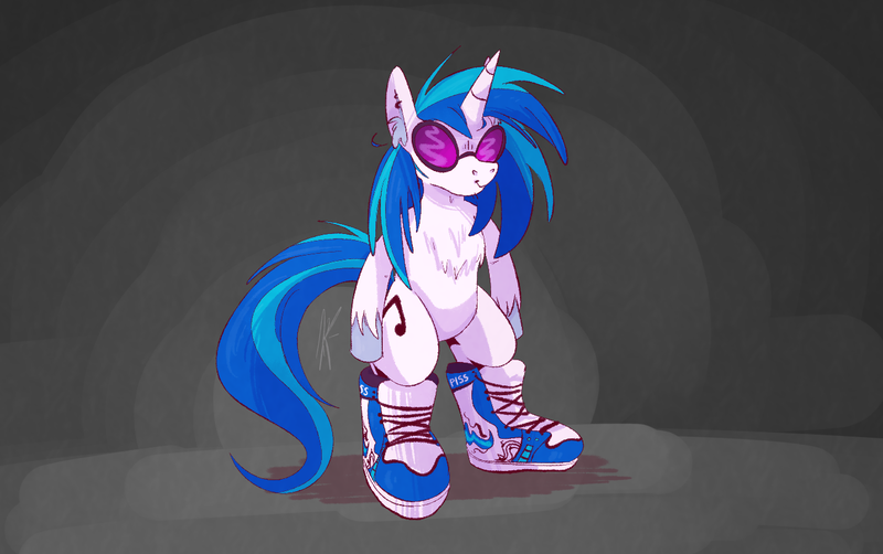 Size: 1352x848 | Tagged: safe, artist:voreburger, derpibooru import, vinyl scratch, pony, unicorn, bipedal, chest fluff, clothes, ear fluff, ear piercing, earring, female, high tops, image, jewelry, mare, piercing, png, shoes, simple background, smiling, sneakers, solo