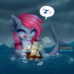 Size: 900x900 | Tagged: safe, artist:sickly-sour, derpibooru import, oc, unofficial characters only, original species, pony, shark, shark pony, bow, female, hair bow, image, jpeg, mare, music notes, ship, size difference, storm, water