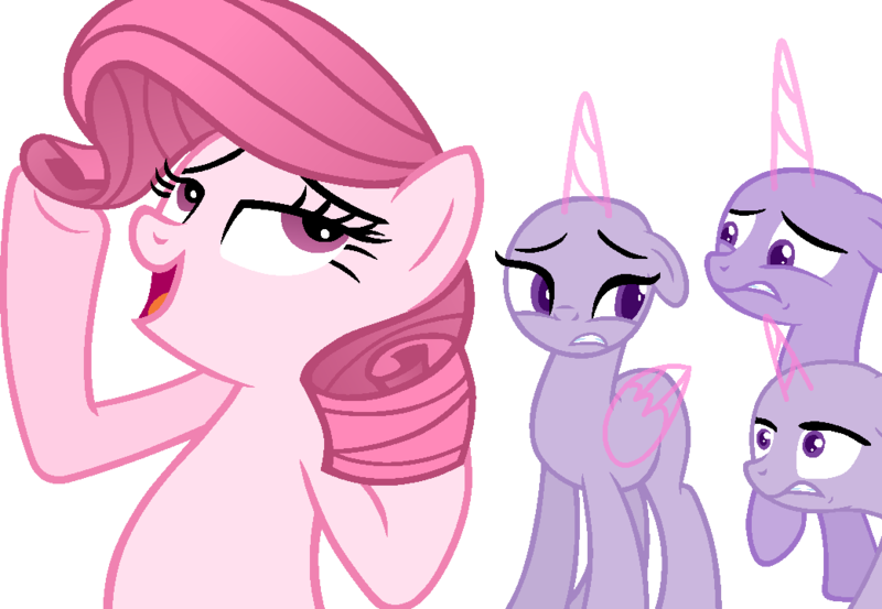 Size: 1042x720 | Tagged: safe, artist:muhammad yunus, derpibooru import, oc, oc:annisa trihapsari, unofficial characters only, alicorn, earth pony, pony, unicorn, bald, base used, bedroom eyes, earth pony oc, female, gritted teeth, group, image, mare, not rarity, open mouth, pink body, pink hair, png, simple background, transparent background, vector