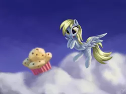 Size: 4000x3000 | Tagged: safe, artist:flusanix, derpibooru import, derpy hooves, pegasus, pony, cloud, derp, eyes on the prize, female, food, image, mare, muffin, png, signature, sky, solo, that pony sure does love muffins, tongue out