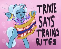 Size: 2268x1812 | Tagged: safe, artist:t72b, derpibooru import, trixie, pony, unicorn, abstract background, alternate hairstyle, babysitter trixie, bipedal, clothes, flag, hoodie, hoof hold, image, magic, png, pride flag, pun, solo