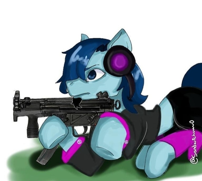 Size: 720x645 | Tagged: safe, artist:samy, artist:samy sandwishowo, derpibooru import, oc, oc:blue harmony, unofficial characters only, earth pony, pony, beard, blue eyes, blue hair, facial hair, floor, grass, grass field, gun, image, jpeg, lying down, mp5k, photo, piercing, simple background, solo, weapon