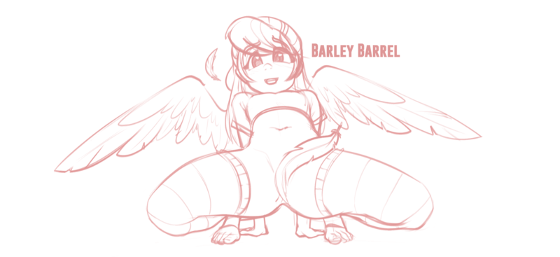 Size: 1793x823 | Tagged: questionable, artist:sugarlesspaints, banned from derpibooru, barley barrel, human, bottomless, clothes, feather, female, humanized, image, lolicon, looking at you, partial nudity, png, presenting, shirt, simple background, socks, solo, solo female, strategically covered, thigh highs, underage, white background, winged humanization, wings