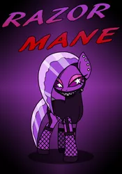 Size: 864x1234 | Tagged: safe, artist:death-driver-5000, derpibooru import, pony, 2spot, bloody bunny, bloody bunny: first blood, dizzyland carousel horse, gradient background, image, png, possibly pony related, purple blade, razor mane, solo