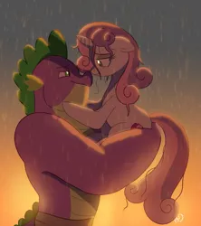Size: 1280x1439 | Tagged: safe, artist:heavysplatter, derpibooru import, spike, sweetie belle, dragon, pony, boop, female, gigachad spike, image, imminent kissing, jpeg, lidded eyes, looking at each other, male, missing wing, noseboop, older, older spike, older sweetie belle, rain, shipping, spikebelle, standing in the rain, straight, wet, wet mane, wingless