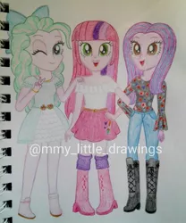 Size: 1080x1298 | Tagged: safe, artist:mmy_little_drawings, derpibooru import, oc, unofficial characters only, equestria girls, boots, bow, clothes, eyelashes, female, hair bow, high heel boots, image, jpeg, one eye closed, open mouth, pants, shoes, skirt, traditional art, watermark, wink