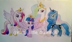 Size: 1080x626 | Tagged: safe, artist:mmy_little_drawings, derpibooru import, princess cadance, princess celestia, princess luna, twilight sparkle, twilight sparkle (alicorn), alicorn, pony, female, hoof shoes, horn, image, jewelry, jpeg, mare, peytral, smiling, spread wings, tiara, traditional art, watermark, wings