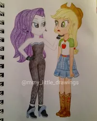 Size: 1080x1350 | Tagged: safe, artist:mmy_little_drawings, derpibooru import, applejack, rarity, equestria girls, bedroom eyes, boots, clothes, eyelashes, female, freckles, gloves, hand on hip, hat, high heels, image, jpeg, lesbian, open mouth, rarijack, shipping, shoes, skirt, smiling, traditional art, watermark