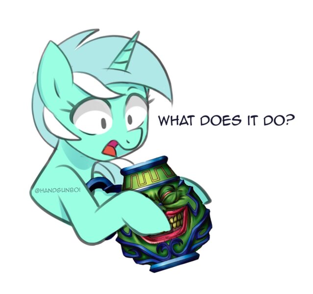 Size: 1218x1143 | Tagged: safe, artist:handgunboi, derpibooru import, lyra heartstrings, pony, unicorn, image, jpeg, pot, pot of greed, question, simple background, white background, yu-gi-oh!