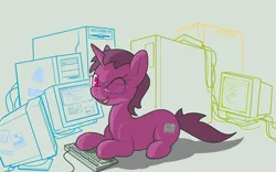 Size: 1920x1200 | Tagged: safe, artist:darkdoomer, derpibooru import, oc, oc:heart drive, unofficial characters only, pony, unicorn, computer, crt monitor, female, floppy disk, freckles, glasses, image, keyboard, lying down, mare, one eye closed, png, ponybooru mascot, screen, solo, wink